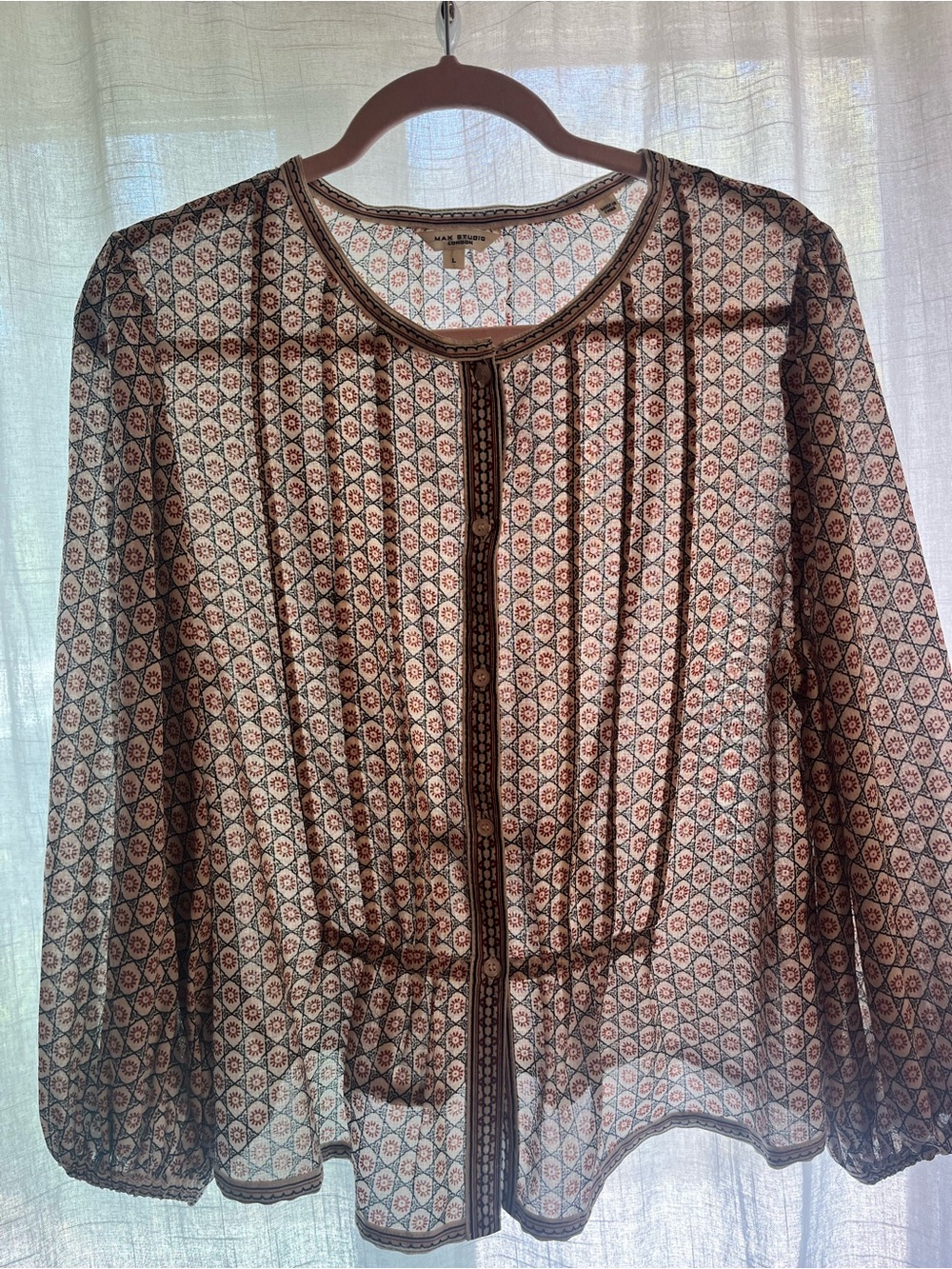 Max Studio Sheer Geometric Pintuck Blouse in Brown and Cream